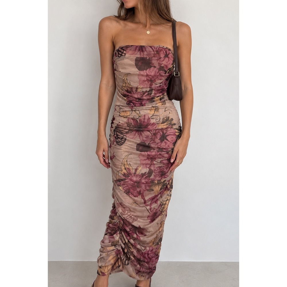 Floral Mesh Ruched Strapless Midi Dress Pink Burgundy Bodycon Tube Dress